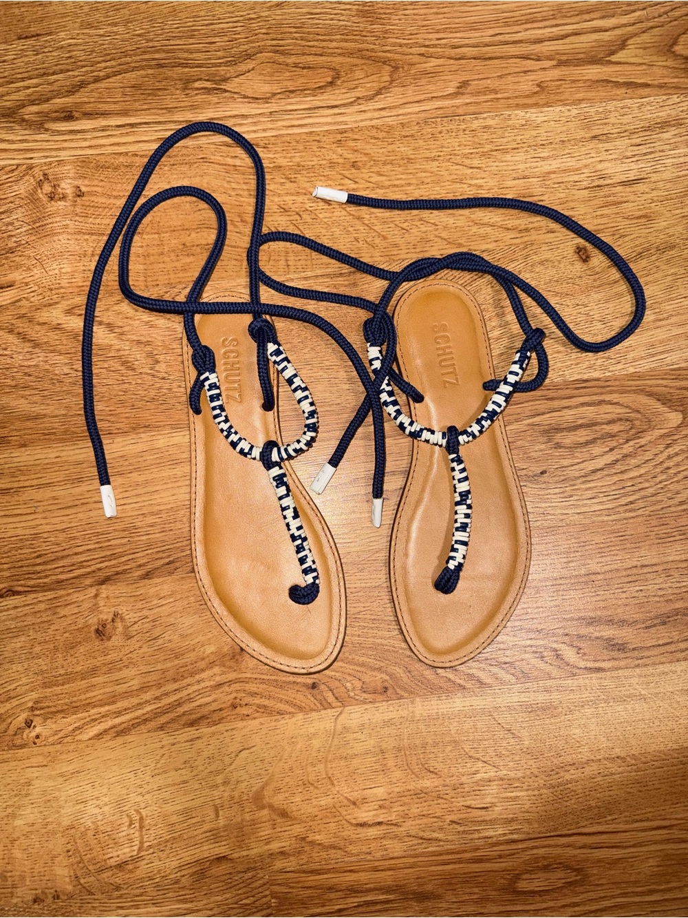 SCHUTZ Tan Leather Sandals with Navy Rope Detail
